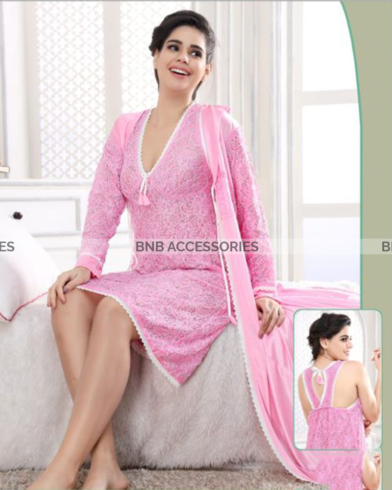 Pink embroidered inner plus gown for women