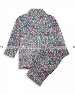 Purple Flower Printed Silk Night Suit For Women