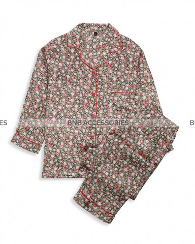 Multi Color Flower Printed Silk Night Suit For Women