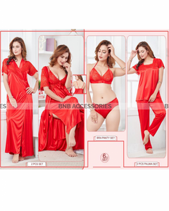 Red 6 piece mesh silk lingerie set for women