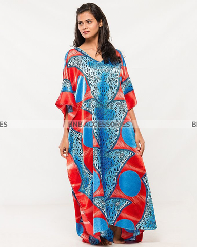 Red & Blue Printed Long Caftan For Women
