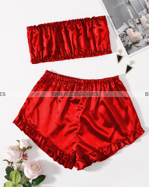 Red Satin Striped Frill Trim Tube Top And Shorts Set For Women