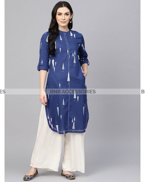 Royal Blue Printed Stitched Kurti For Women