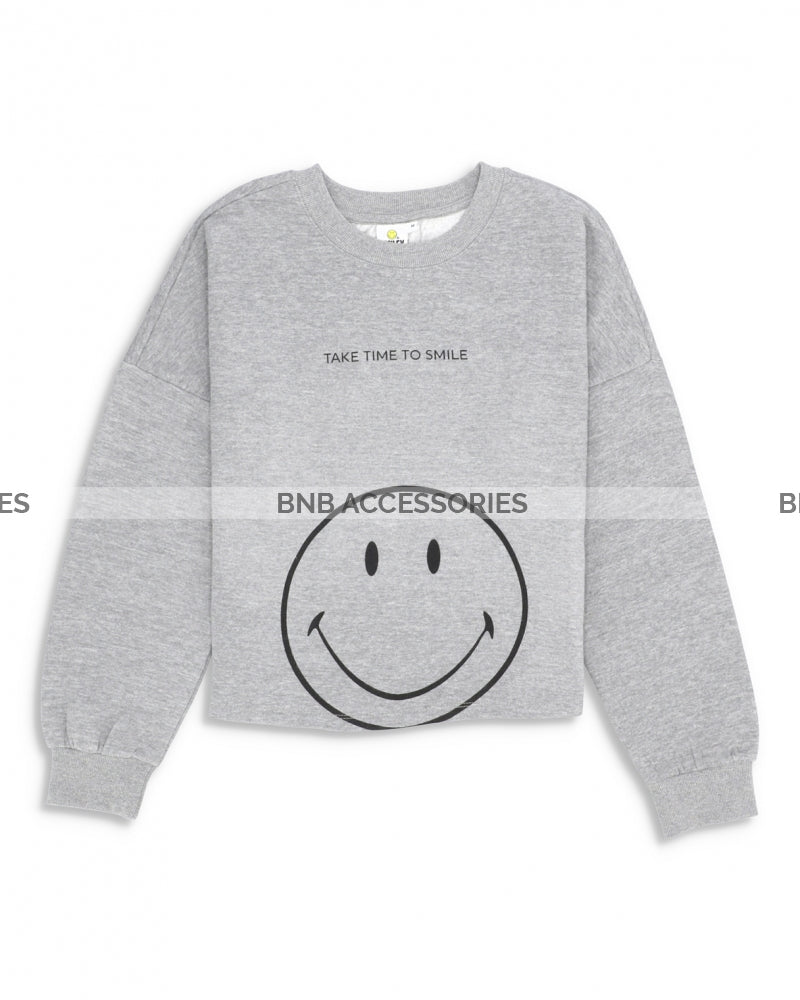Heather Grey Smiley Face Crop Sweatshirt For Women