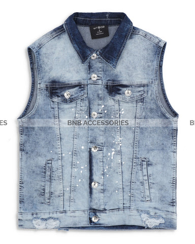 Ice Blue Sleeveless Trucker Denim Jacket For Women