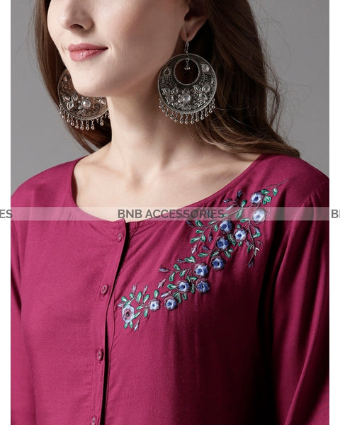 Side Flower Embroidered Stitched Kurti For Women