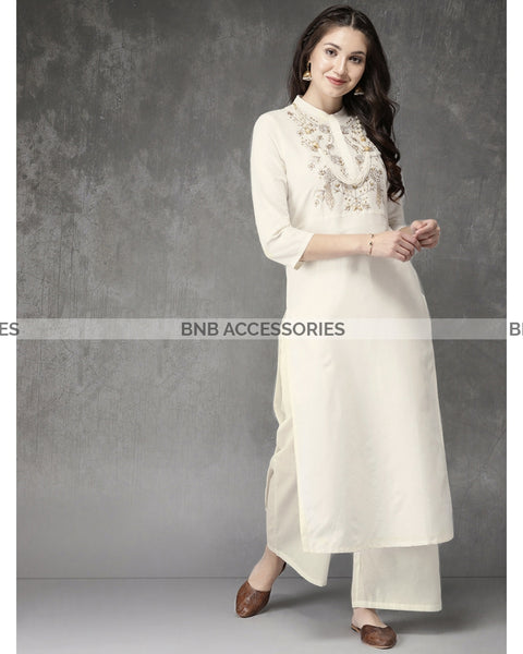 Skin Color Stitched Embroidered Kurti For Women