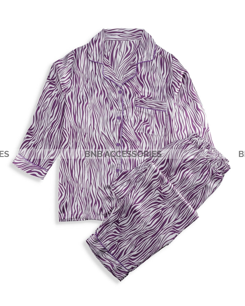 Purple Textured Design Silk Night Suit For Women