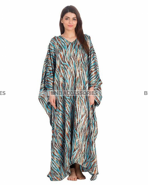 Turquoise Brown Silk Caftan For Women