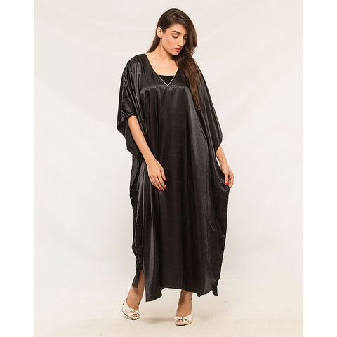 Black Plain Silk Caftan For Women