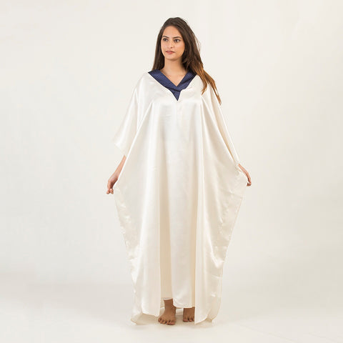 Cream With Contrast Neck Plain Silk Caftan For Women