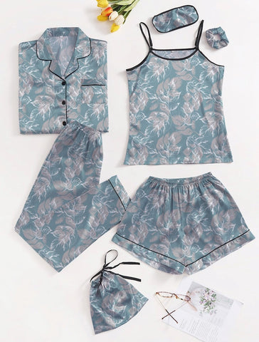 Blue Grey Leaves 7 Piece Satin Silk Lingerie Set For Women