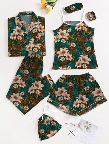 Green Flowers 7 Piece Satin Silk Lingerie Set For Women