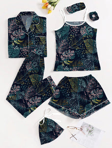 Black Multicolor Leaves 7 Piece Satin Silk Lingerie Set For Women
