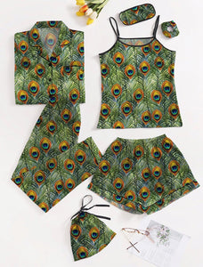 Green Peacock 7 Piece Satin Silk Lingerie Set For Women
