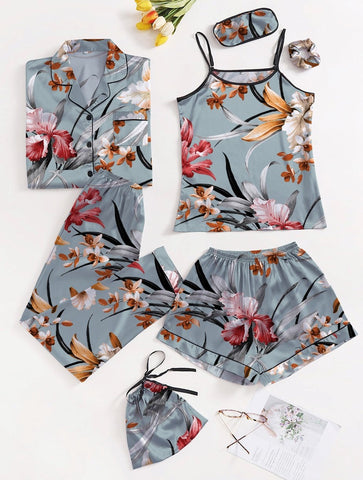 Grey Flowers 7 Piece Satin Silk Lingerie Set For Women