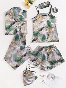 Leaves Abstract 7 Piece Satin Silk Lingerie Set For Women