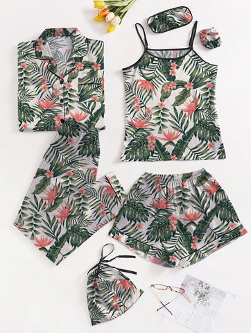 Tropical 7 Piece Satin Silk Lingerie Set For Women