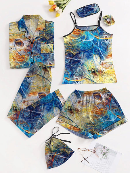 Blue Yellow Abstract 7 Piece Satin Silk Lingerie Set For Women