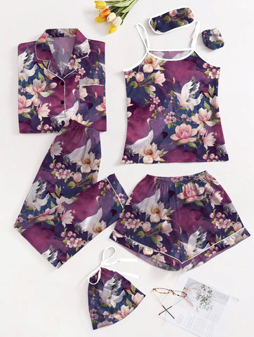Purple Flowers 7 Piece Satin Silk Lingerie Set For Women