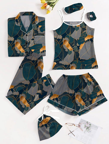 Green Grey Leaves 7 Piece Satin Silk Lingerie Set For Women