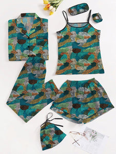 Shades of Green 7 Piece Satin Silk Lingerie Set For Women