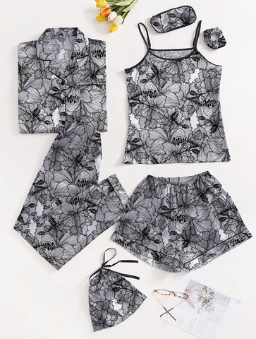 Grey White Flowers 7 Piece Satin Silk Lingerie Set For Women