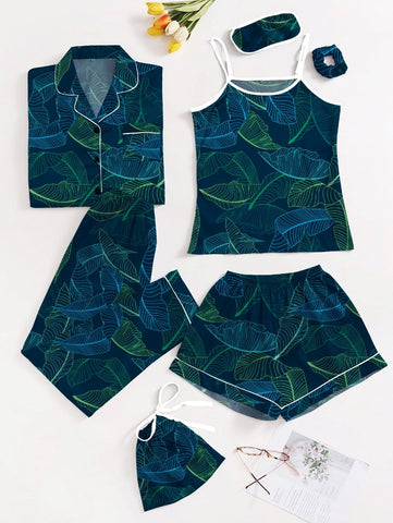 Blue Green Leaves 7 Piece Satin Silk Lingerie Set For Women
