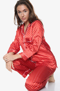 Red Polka Dot Silk Pj Set For Women