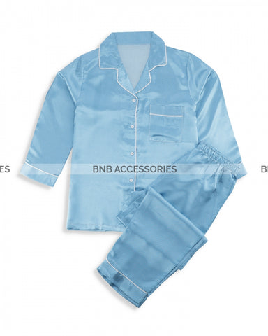 Sky Blue Polka Dot Silk Night Suit For Women
