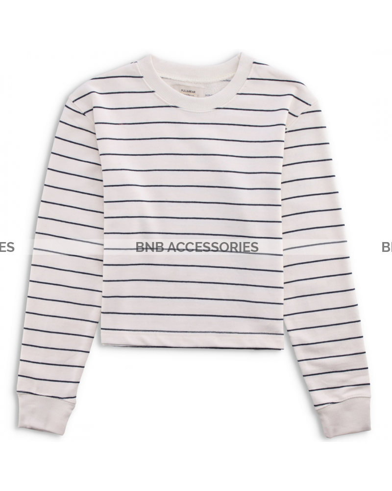 White & Black Lining Crop Sweatshirt For Women