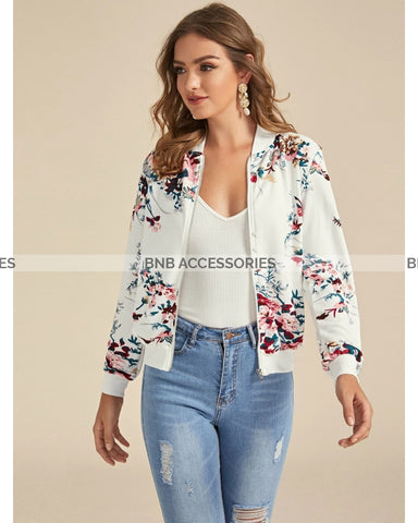White Floral Digital Printed Bomber Jacket For Women