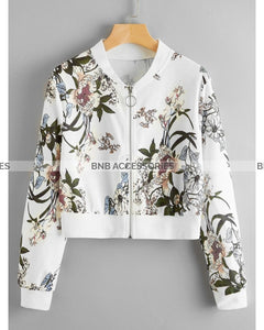 White Digital Printed Bomber Jacket For Women