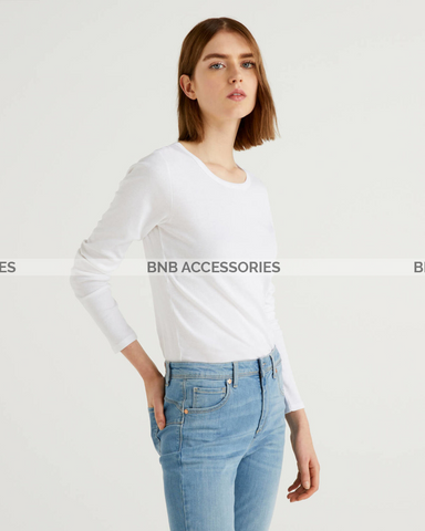White Full Sleeves Round Neck T-Shirt For Women