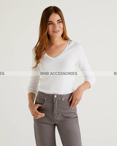 White Full Sleeves V Neck T-Shirt For Women
