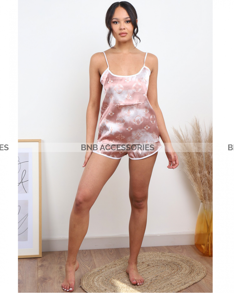 White And Brown Design Cami Set For Women