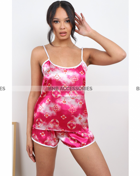 White And Dark Pink Design Cami Set For Women