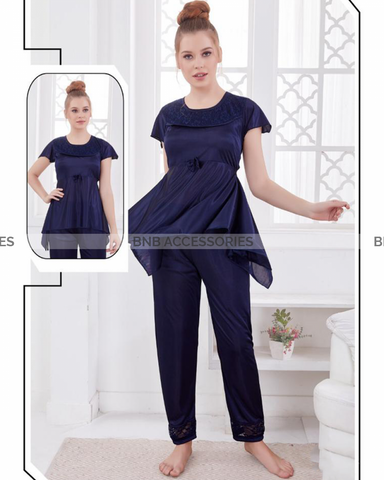 Navy blue soft silk baby doll style night suit for women
