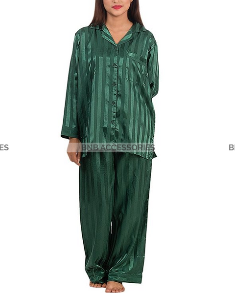Green Stripes Silk Pj Set For Women