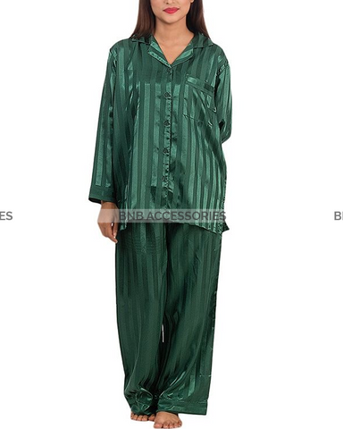 Green Stripes Silk Pj Set For Women