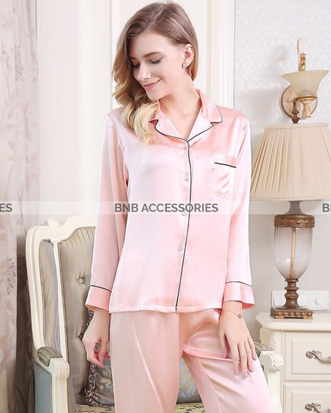 Pink With Black Pipin Silk Pj Set For Women