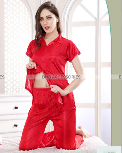 Red soft silk night suit for women