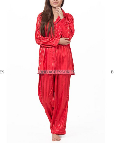 Red Stripes Silk Pj Set For Women