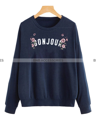 Blue Bonjour Printed Sweatshirt For Women